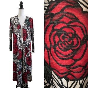 LuLaRoe Sarah Cardigan Black White & Red Rose Floral Women’s Size Medium